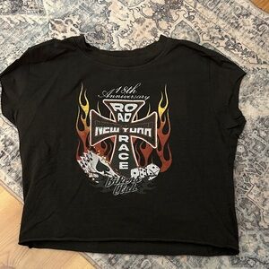 Black Graphic Cropped Tee with Flame Design